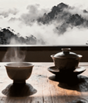 窗前木桌茶具与山景画面9066#横屏 