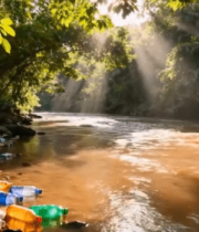 森林河流旁的塑料垃圾堆积13142#横屏 