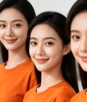 三位穿橙色上衣微笑的女性8221#横屏 