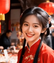 穿汉服女子于古街市场微笑10052#横屏 