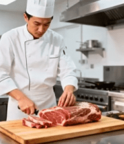厨师在厨房切牛肉素材942#横屏 