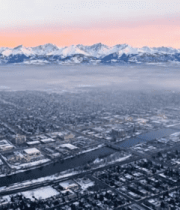 城市雪山日出航拍景象13283#横屏 