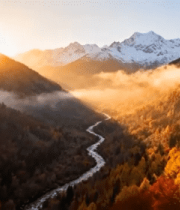 秋日山谷雪山河流风光7171#横屏 