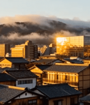 	 城市日落时分传统民居与高楼13287#横屏 