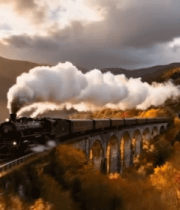 秋日火车行驶在山林铁路桥4243#横屏 