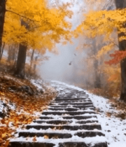 秋日森林覆雪石阶风景6283#横屏 