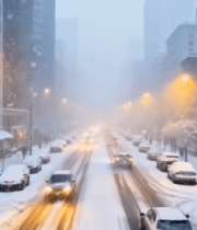 城市街道大雪天行车行人画面12760#横屏 