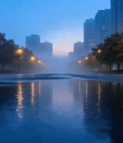 城市街道雨后清晨倒影景象2388#横屏 