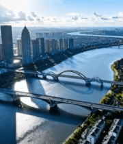 城市河流桥梁航拍全景(4)13235#横屏 