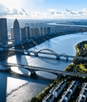 城市河流桥梁航拍全景(4)13235#横屏 