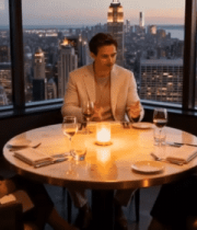 三人于餐厅窗边交流14142#横屏 