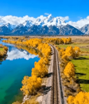 秋季山川河流铁路自然风光4393#横屏 