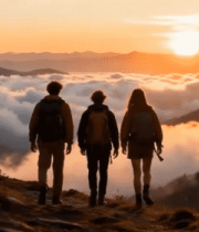 三人山顶赏日落徒步画面2982#横屏 