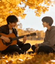 秋日草地男孩弹吉他互动场景12056#横屏 