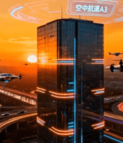 城市高楼与空中飞行器日落景象12567#横屏 