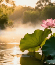 晨光下池塘荷花荷叶景象6136#横屏 