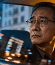 车内老人戴眼镜望向窗外8590#横屏 