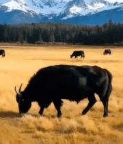 草原雪山下牛群吃草景象203#横屏 