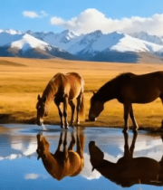 草原双马饮水雪山背景8526#横屏 