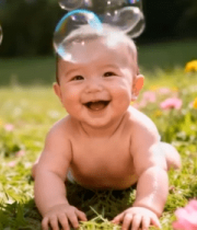 草地上婴儿与泡泡互动画面12754#横屏 