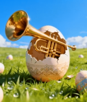 草地上蛋壳中露出的金色小号10775#横屏 