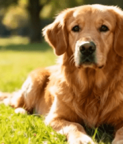 	 草地上趴着的金毛犬5653#横屏 