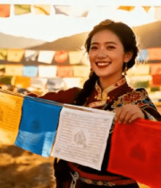 藏区女子手持经幡微笑画面10445#横屏 