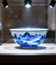 	 博物馆展柜中的青花瓷碗12784#横屏 