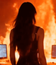 	 背对镜头女性前有火焰和电脑6896#横屏 
