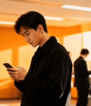 办公室内男士低头看手机素材7630#横屏 