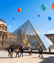 巴黎卢浮宫玻璃金字塔游客景象2328#横屏 