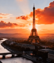 巴黎埃菲尔铁塔日落全景3633#横屏 