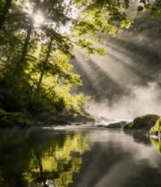 森林溪流阳光洒落自然景象7662#横屏 