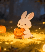 森林中抱南瓜的卡通兔子1995#横屏 
