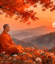 僧人山林间红叶下静坐2903#横屏 