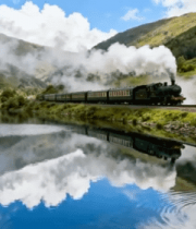 山间湖泊旁行驶的蒸汽火车792#横屏 