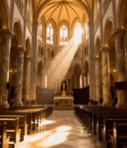 教堂内部全景与阳光洒落画面3016#横屏 