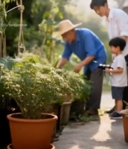  祖孙三代庭院共同打理植物5210#竖屏 	 