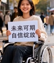  坐轮椅女子街头举牌自信微笑1296#竖屏 	 