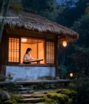  竹林小屋内人物月下抚琴4518#竖屏 	 