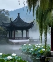  中式亭台荷花池风景869#竖屏 	 