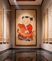  展厅内传统年画与书法作品6536#竖屏 	 
