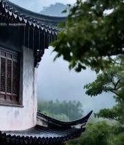  雨中古建筑与山峦云雾景象5301#竖屏 	 