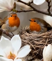  玉兰花枝上的鸟儿与鸟巢2523#竖屏 	 