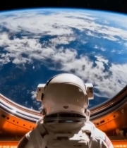  宇航员在空间站内眺望地球6537#竖屏 	 