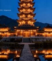  夜景中式古塔与水中倒影6217#竖屏 	 