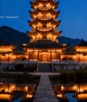  夜景中式古塔与水中倒影6217#竖屏 	 