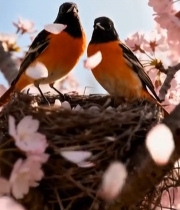  樱花树上鸟巢中的两只鸟101#竖屏 	 
