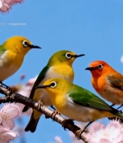  樱花树枝上的多彩小鸟7158#竖屏 	 