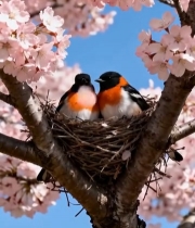  樱花树鸟巢中栖息的鸟儿6667#竖屏 	 